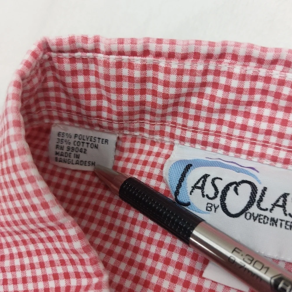 LAS OLAS WOMENS VINTAGE RED WHITE GINGHAM SNOWMAN HOLIDAY CHRISTMAS BUTTON UP L - Picture 7 of 9